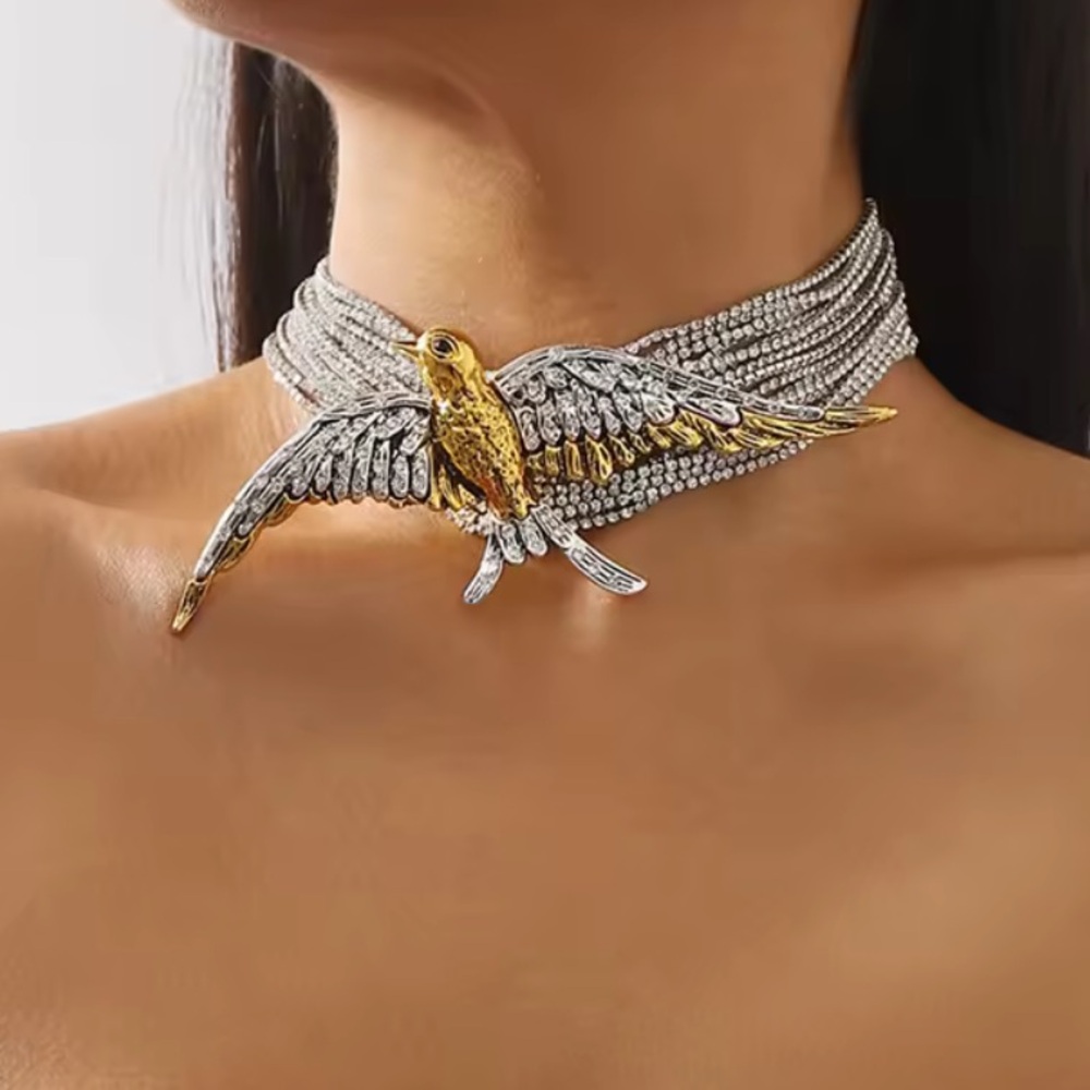 Gold & Silver Bird Choker Necklace Rhinestone Statement Collar, Luxury Fashion